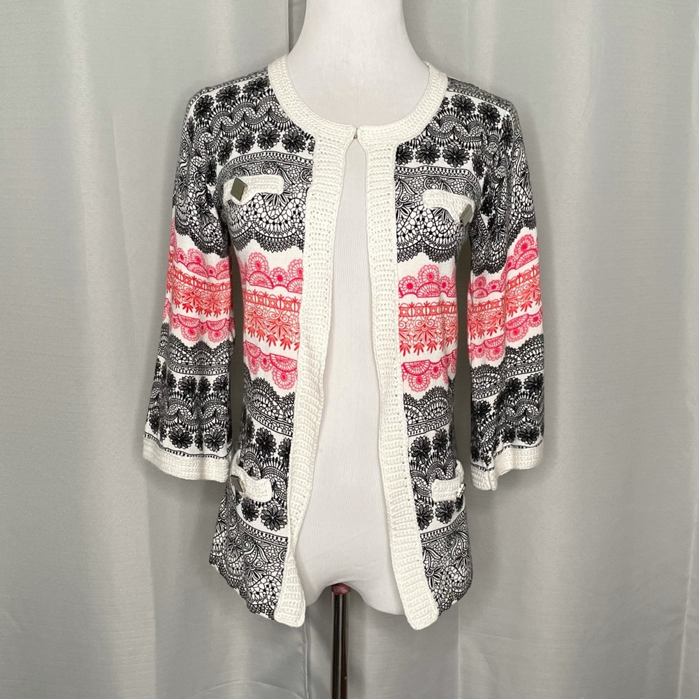 Crochet trim lace print open cardi